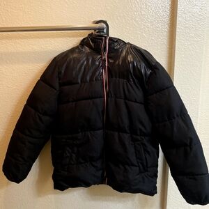 Black Puffer Jacket with Red Accents